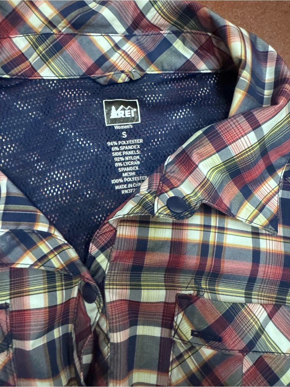REI Red Navy Cream Plaid Button-Down Shirt with Navy Side Panels - Picture 3 of 4